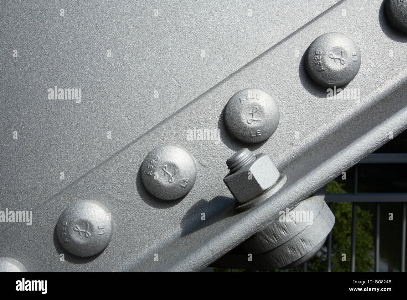 A detail shot of the riveted steel girders on the reconstructed Fayette Station bridge at the bottom of the New River Gorge near Stock Photo