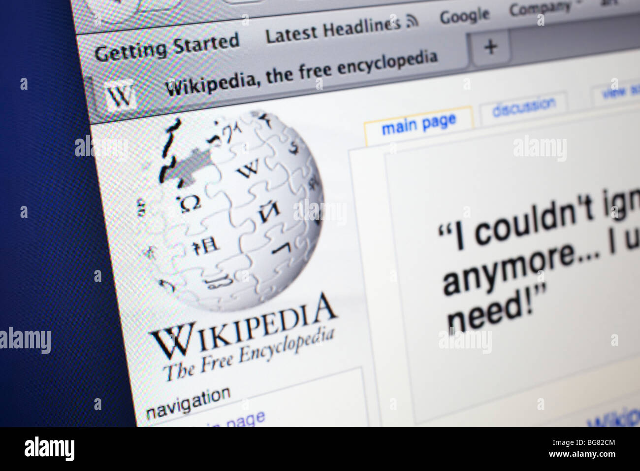Computer screen showing the website for free online encyclopedia, Wikipedia. Stock Photo