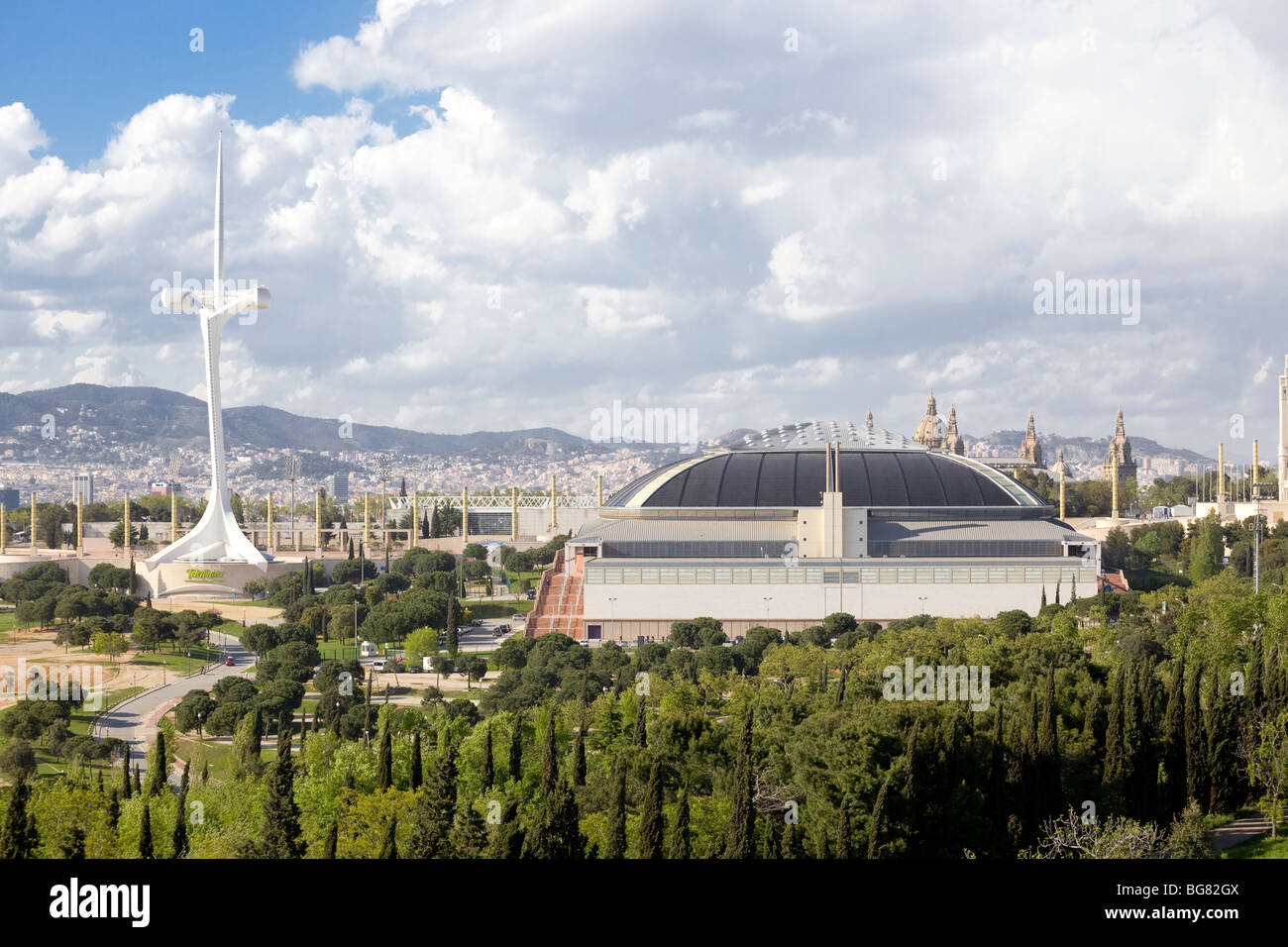 Communications tower by Santiago Calatrava and Palau Sant Jordi sports arena by Arata Isozaki Stock Photo