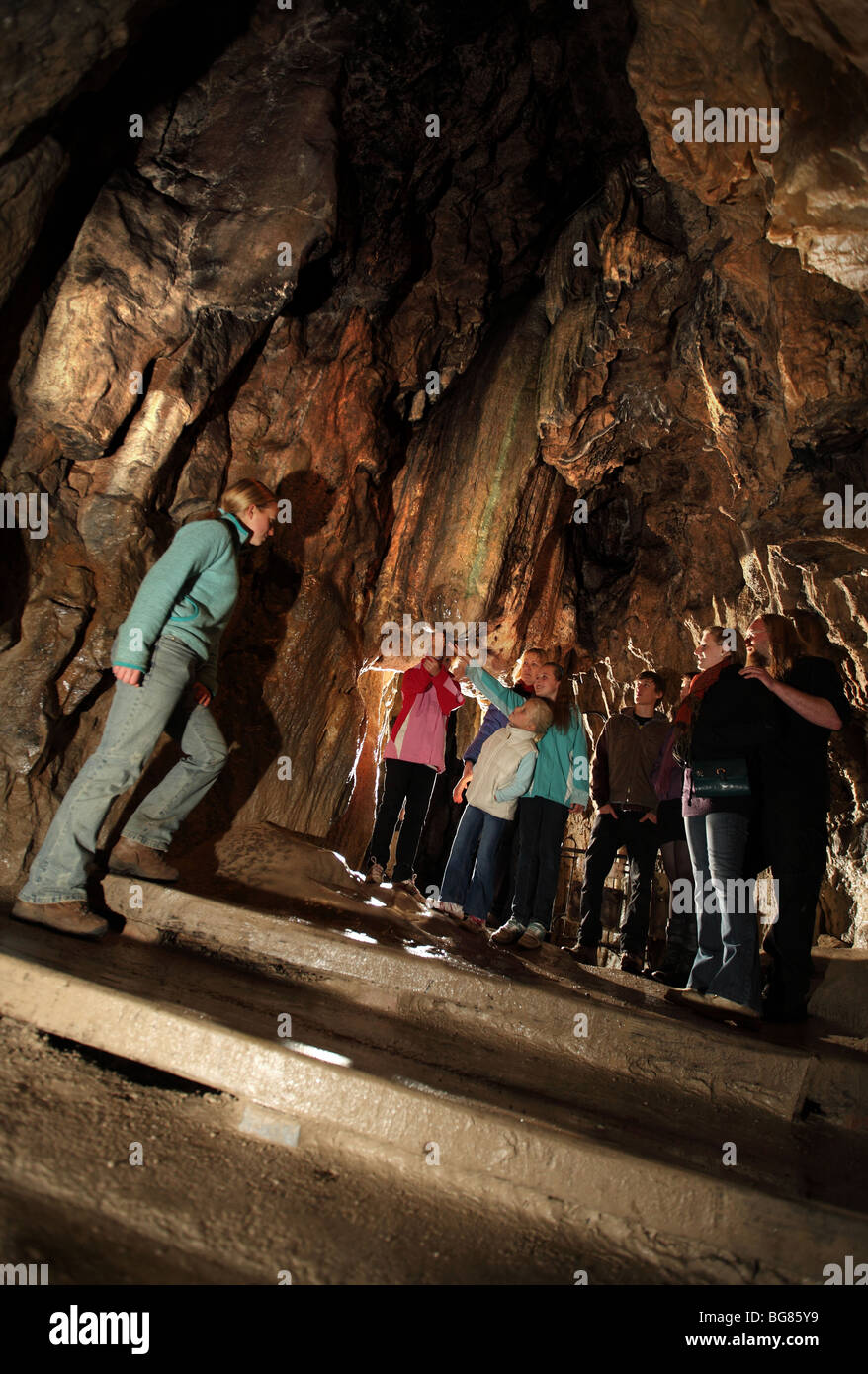 Underground environment inside Pooles Cavern in Buxton, Peak District. Stock Photo