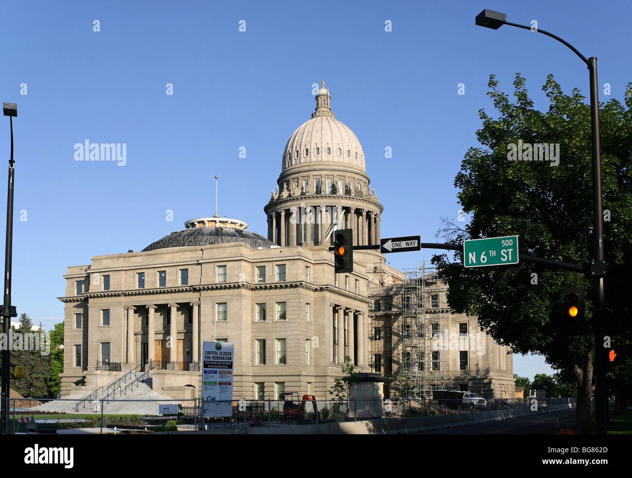 Idaho State Capitol building under construction, during sunrise, Boise