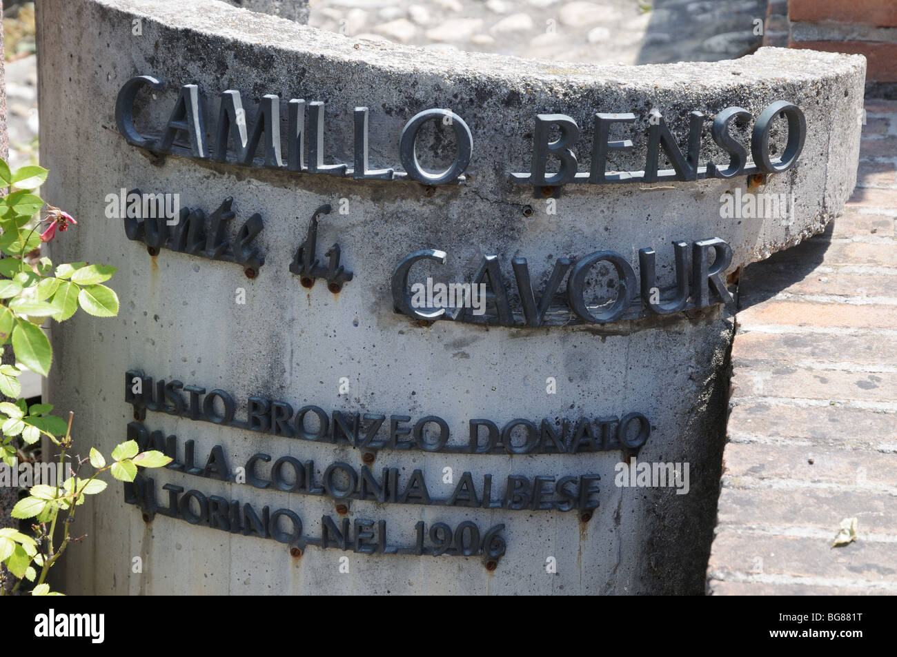 Plaque below bronze bust of Camillo Benso Count Cavour near the castle of Grinzane Cavour Piedmont Langhe Italy Stock Photo