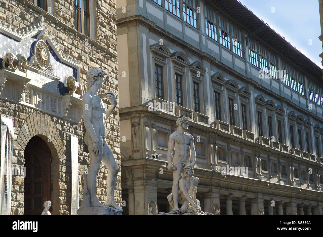 The Palazzo Vecchio and the Uffizi Gallery with the statue of