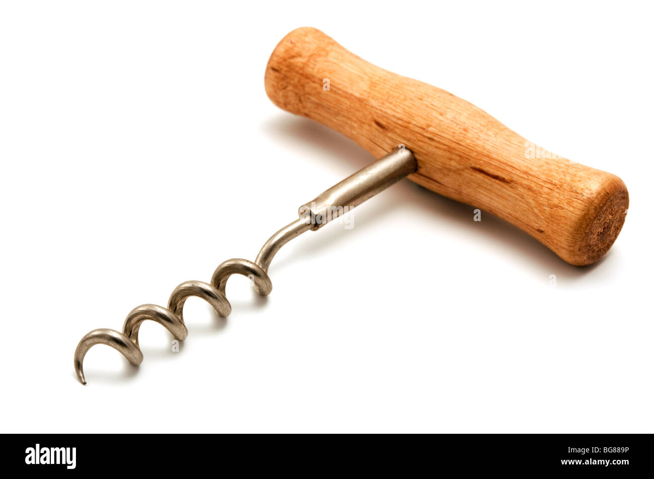 Basic wooden corkscrew on a white background Stock Photo