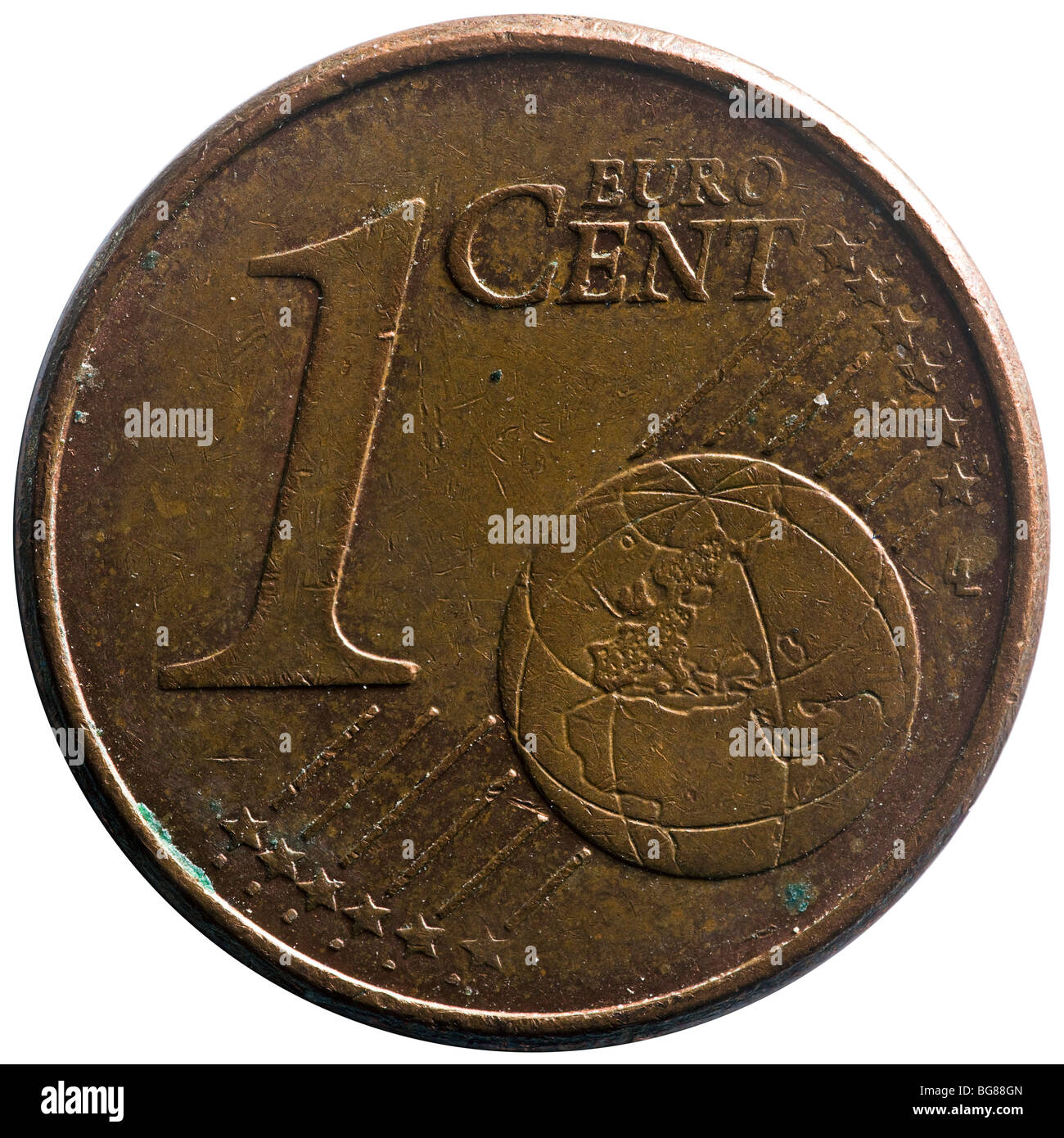 A high-definition photograph of an old one cent Euro coin. Macrophotographie d'une vieille pièce d'un centime d'euro. Stock Photo