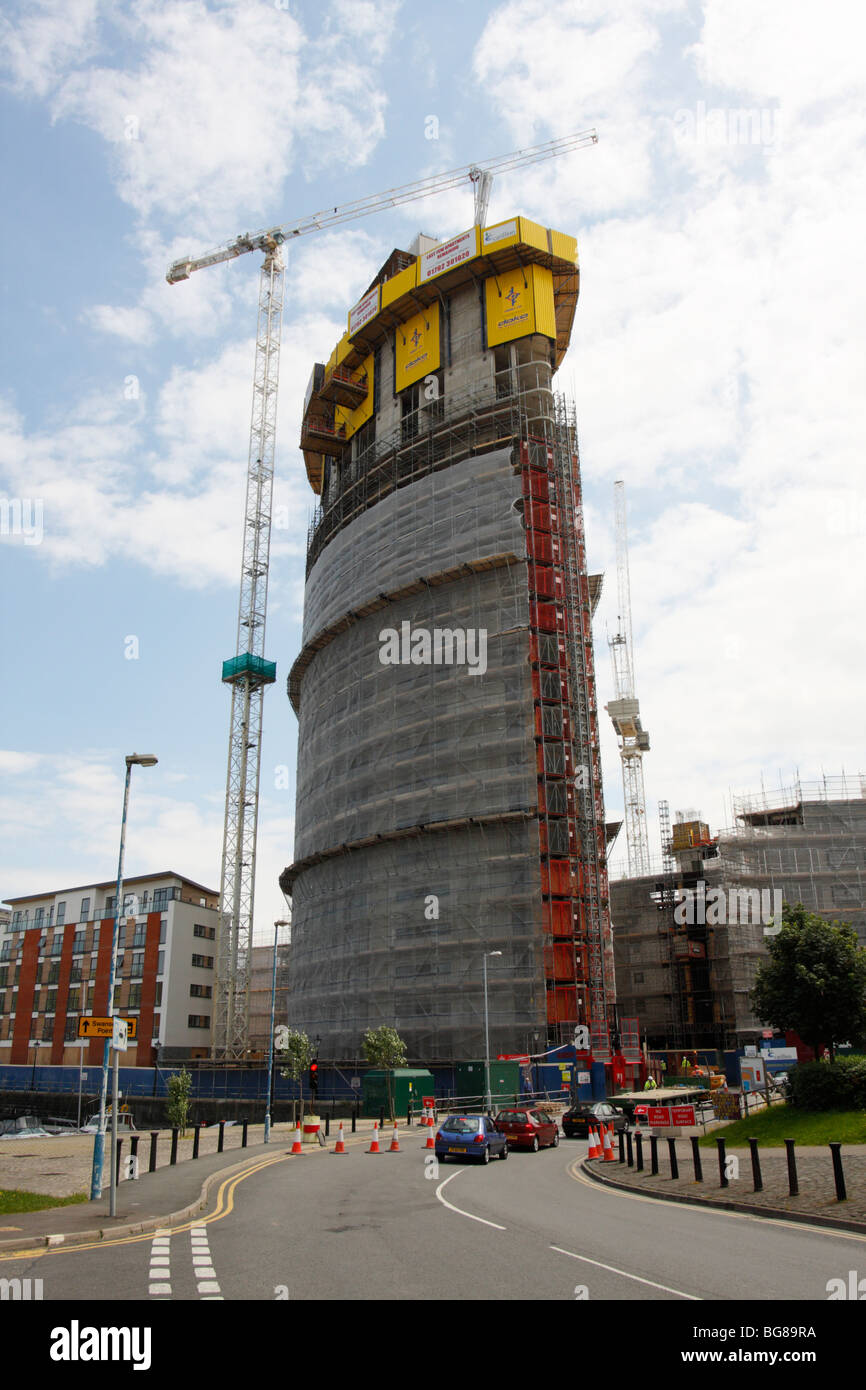 Tall new building, The Meridian Tower, being constructed in Swansea Marina, West Glamorgan, South Wales, U.K. Stock Photo