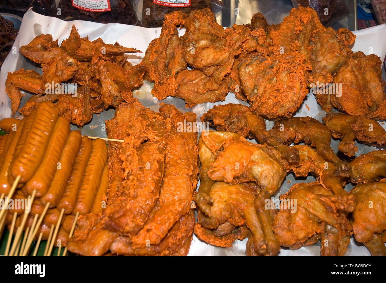 Deep fried food in a market at Mae Sot, Thailand. Stock Photo
