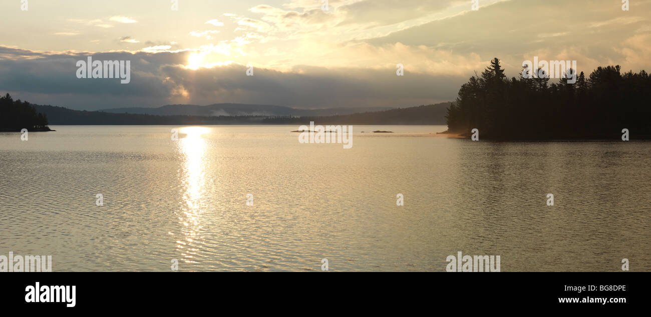 The Lake of Two Rivers at dawn panoramic scenery. Algonquin Provincial Park, Ontario, Canada. Stock Photo