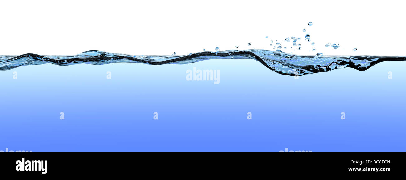 Turbulent water surface with waves, ripples, and drops on a blue gradient with white copy space above the surface. Stock Photo