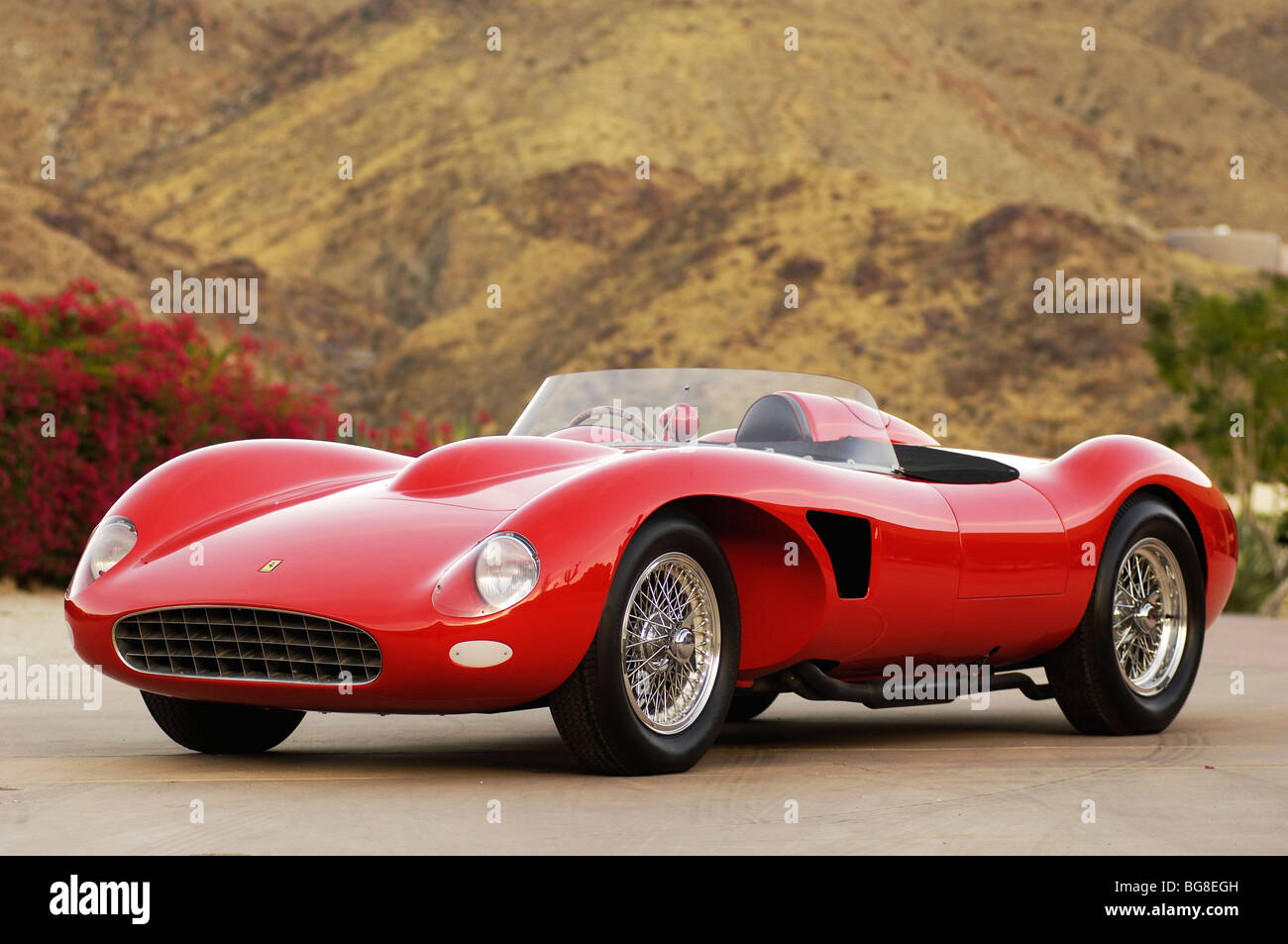 1958 Ferrari Testarossa body by scaglietti front 3/4 view in red with desert Background Stock Photo