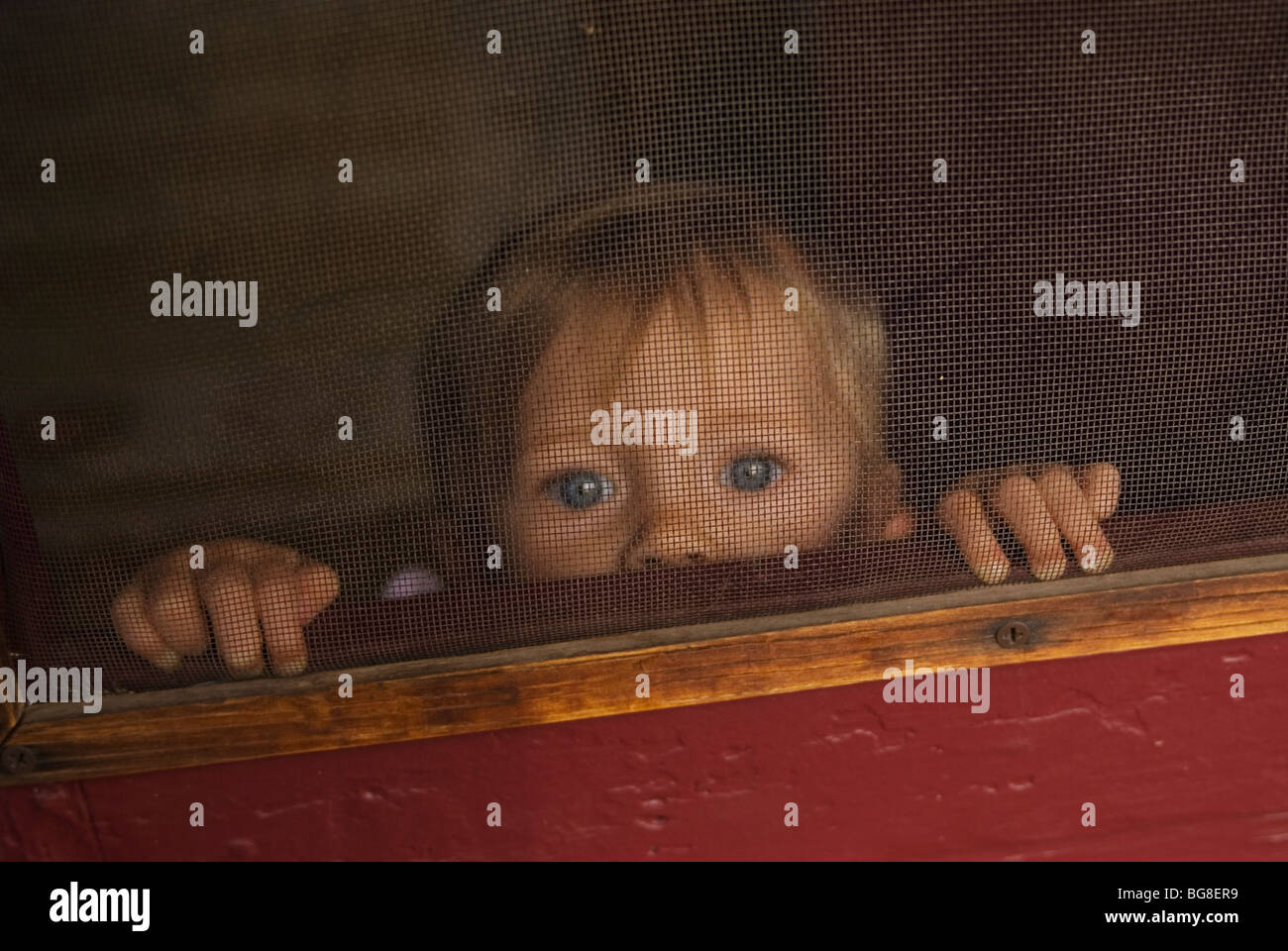 A young girl peeks out from a screen door in Flagstaff, Arizona. Stock Photo