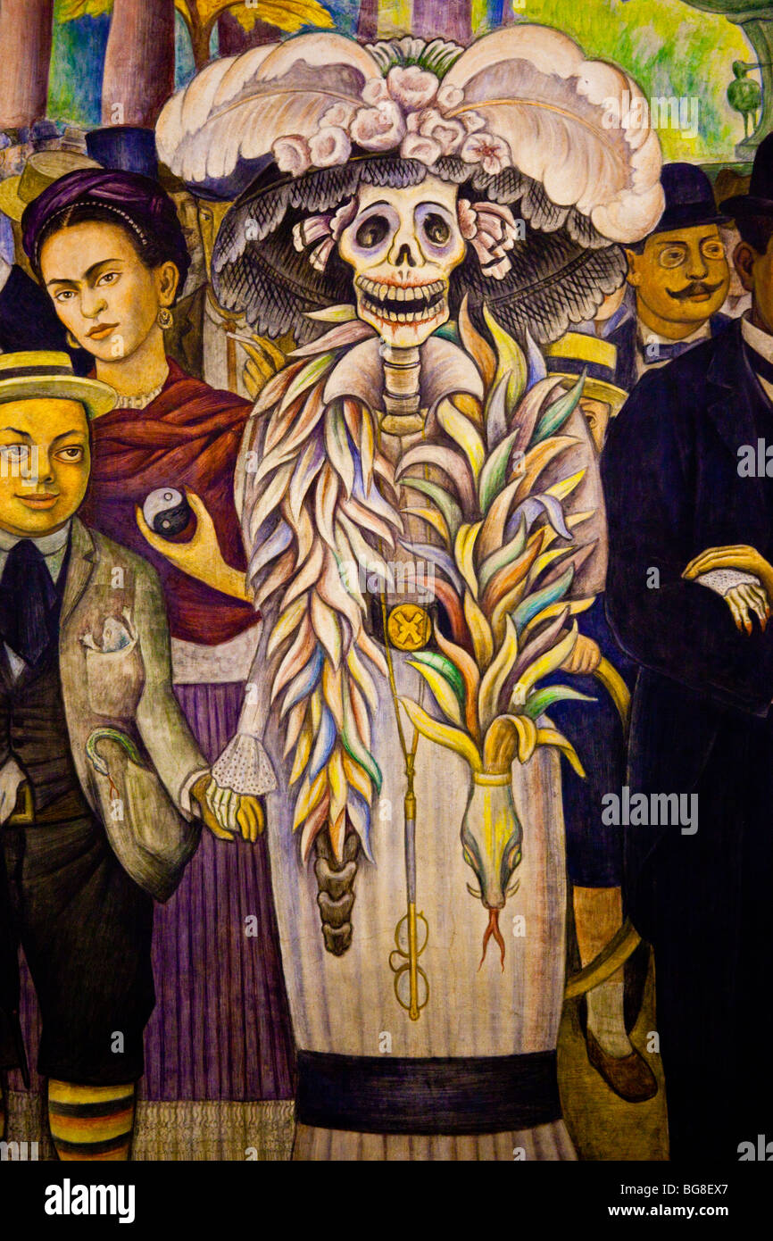 Catarina in 'Dream of a Sunday afternoon in the Alameda' mural by Diego Rivera in Museo Mural Diego Rivera Stock Photo