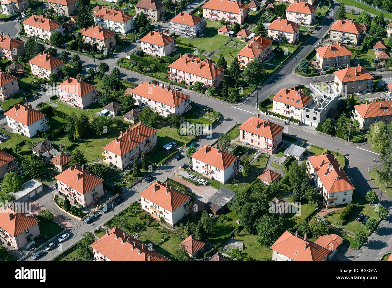 Aerial view over a workers' housing estate / development Stock Photo