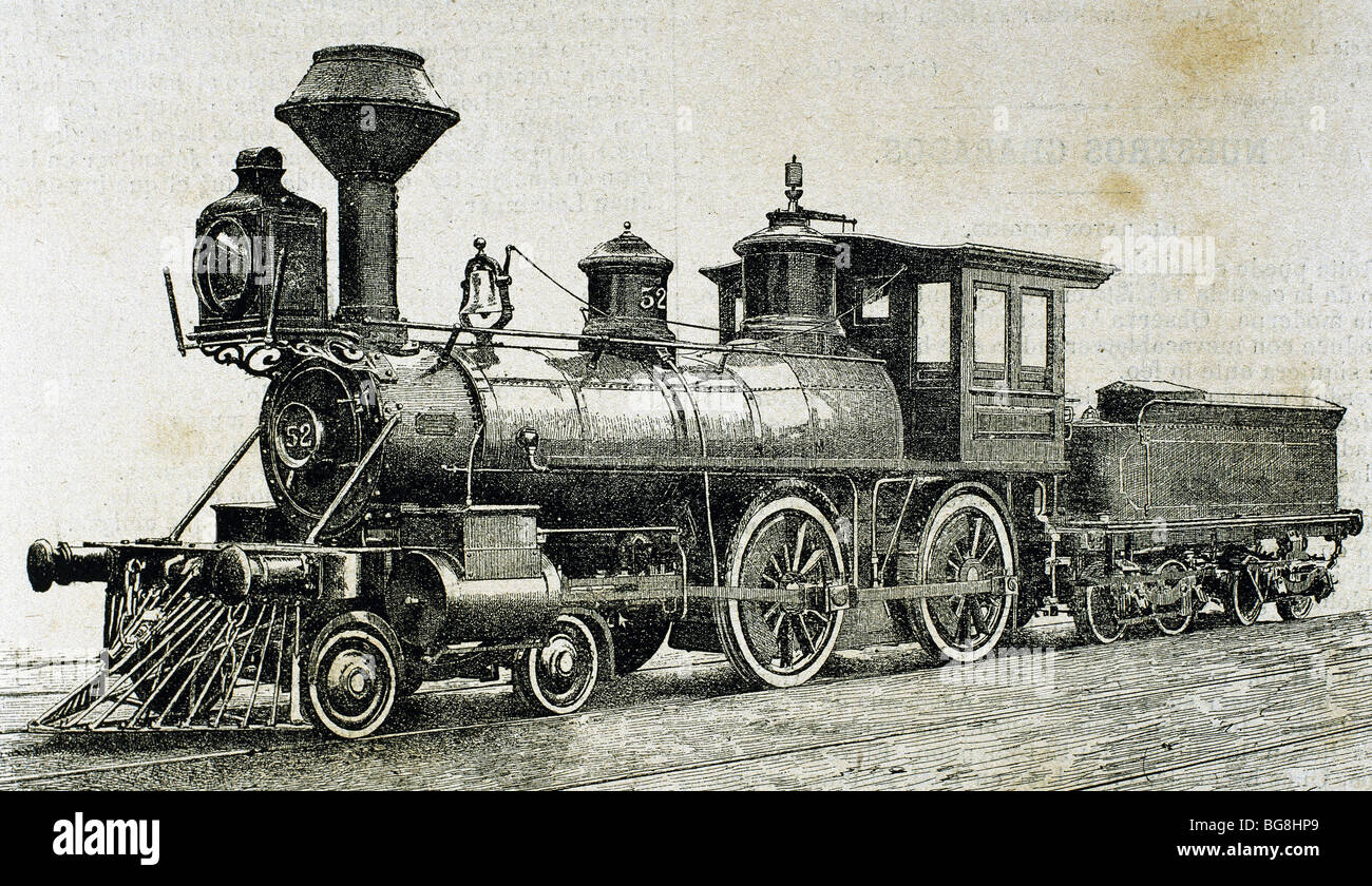 Locomotive. Drawing R. Loewenstein. 'La Ilustracion' 1881. Engraving. Stock Photo