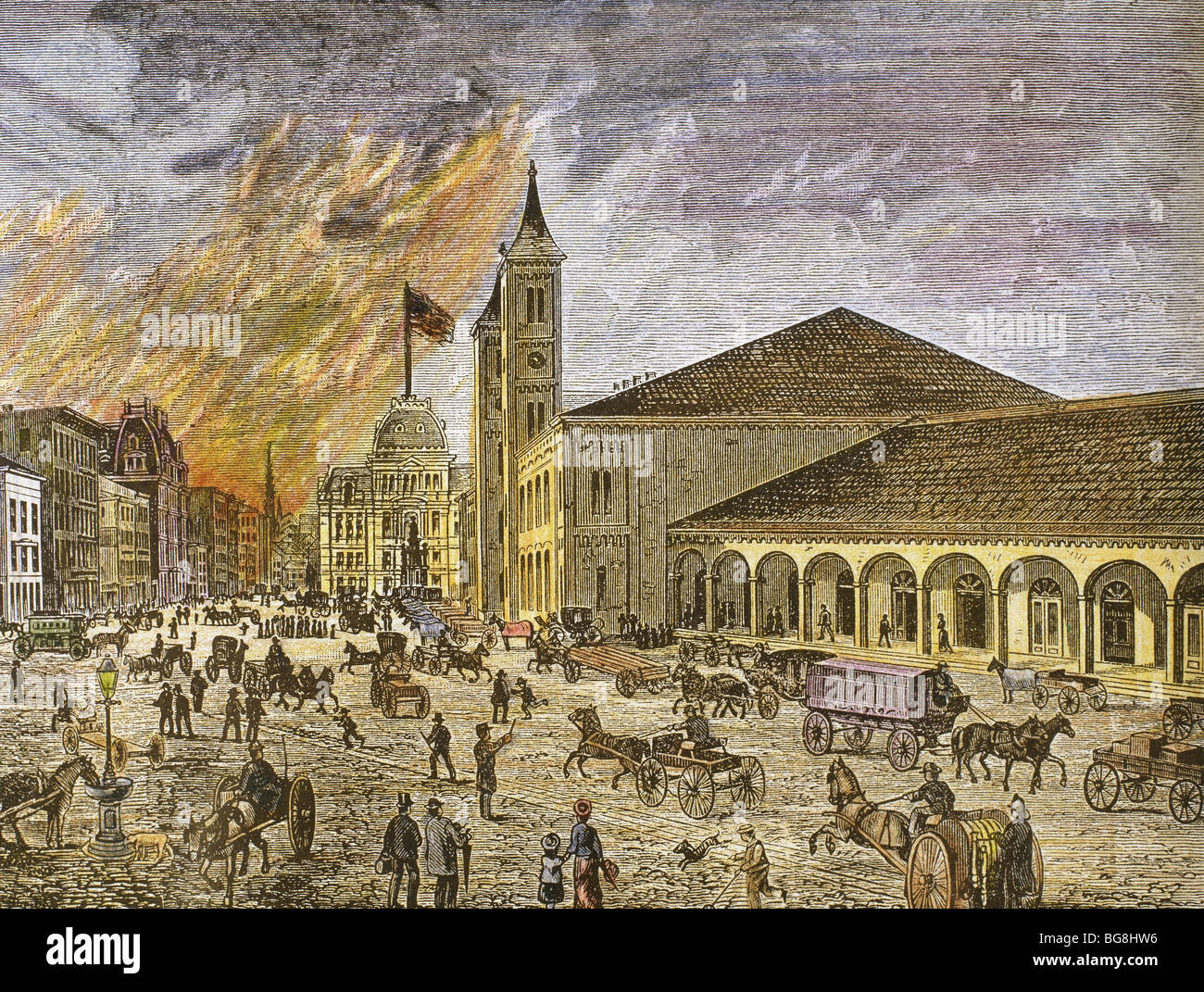 Fire in the city of Providence in 1886. The Exchange building on the right. United States. Stock Photo