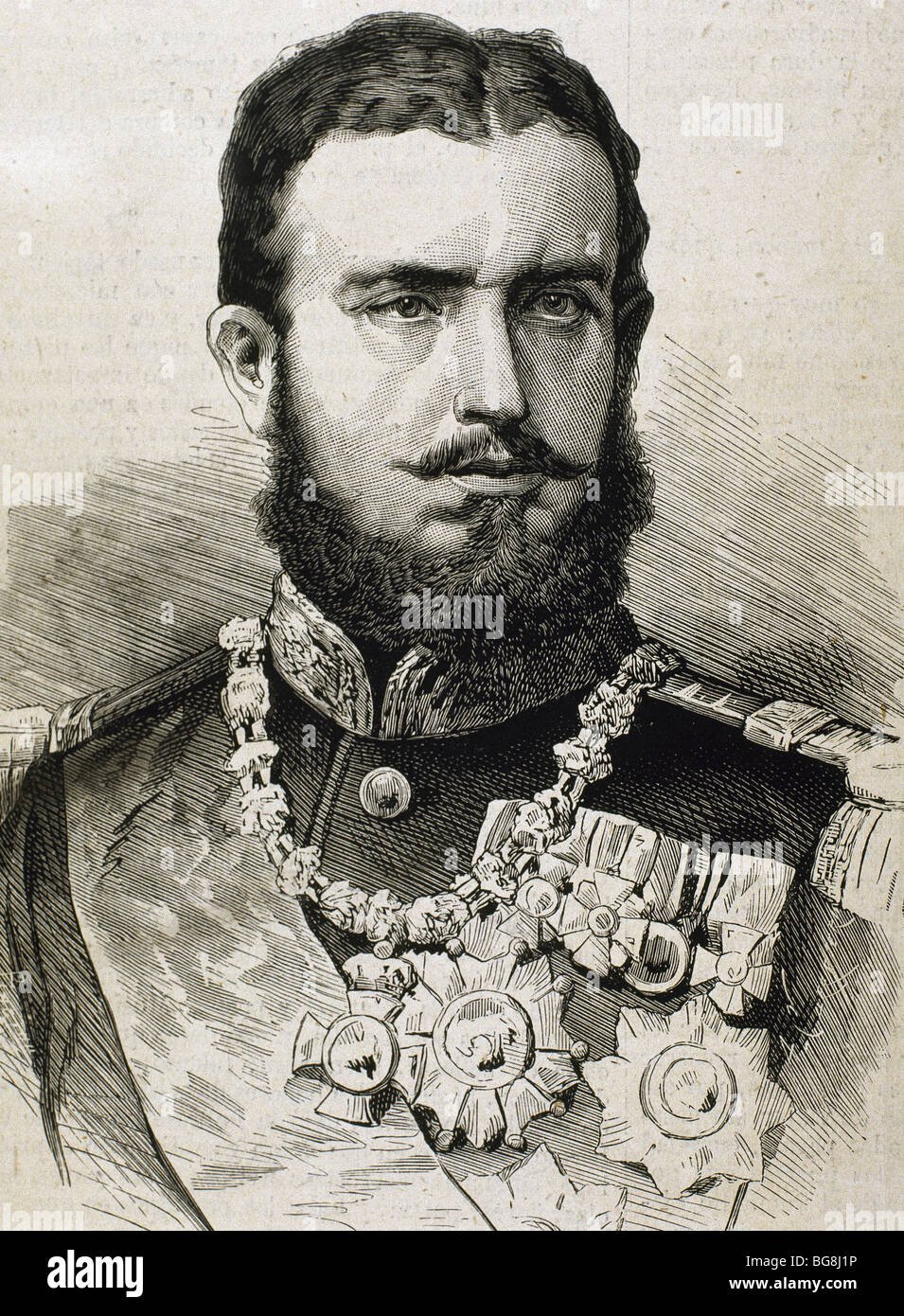 Carol I (Sigmaringen, 1839-Castle Pelesch, 1914). Prince (1866-81) and king of Romania (1881-1914). Engraving by A. Carretero Stock Photo