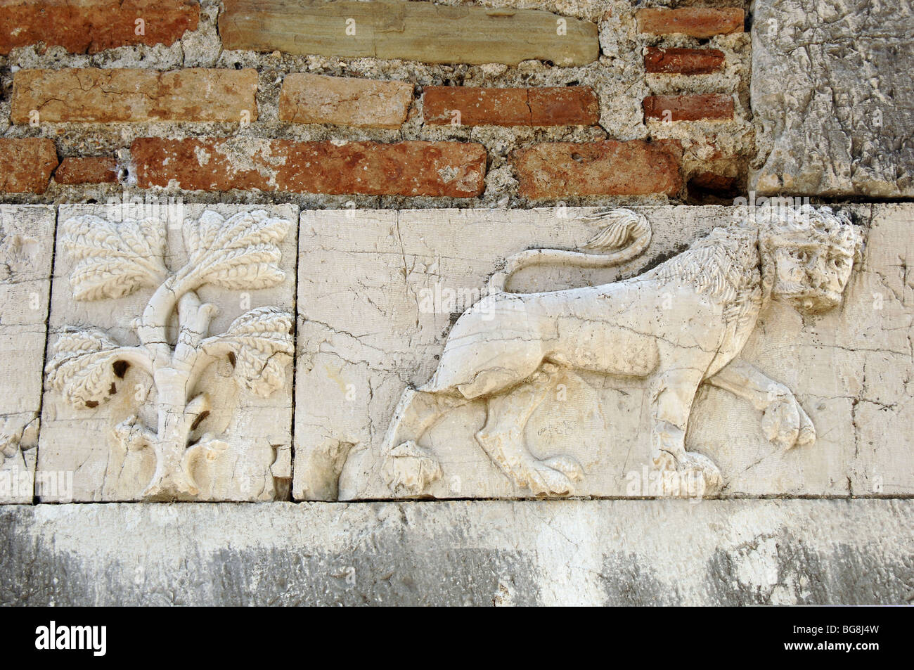 St. Nicholas Church. Relief with a lion and tree. Mesopotam. Albania. Stock Photo