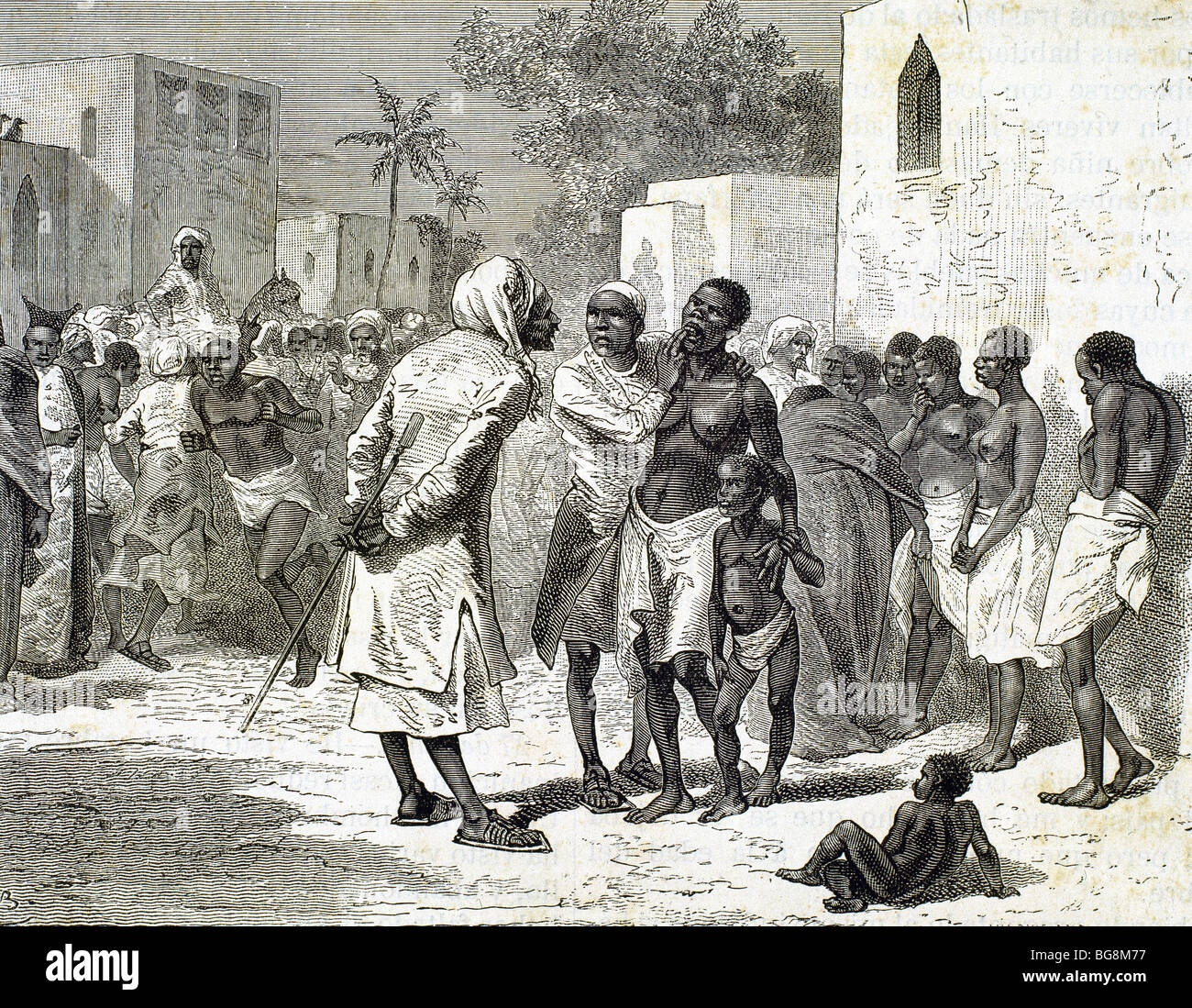 HISTORY OF AFRICA. Slave market in Zanzibar. Engraving by Hildibrand. 1882. Stock Photo