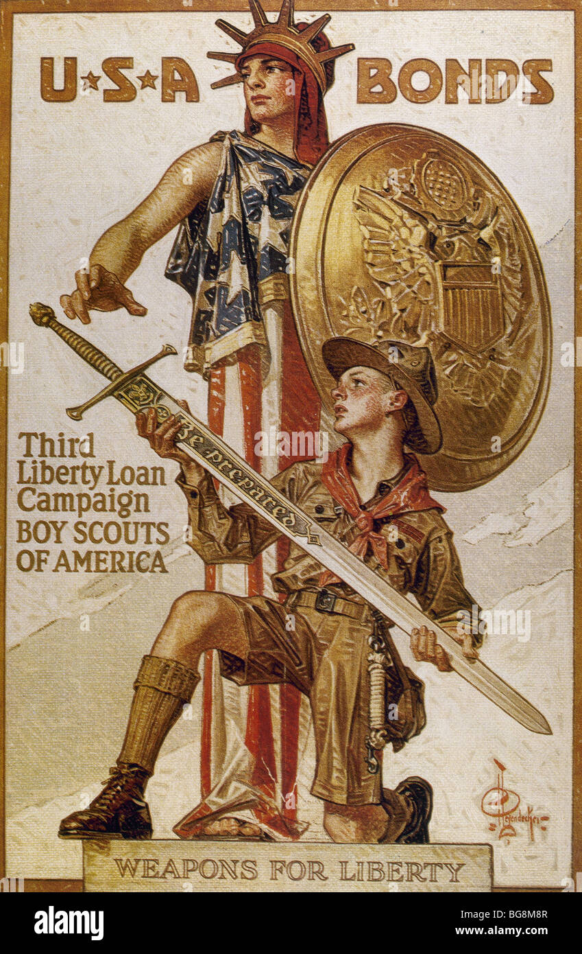 Poster 'USA BONDS Third Liberty Loan Campaign'. BOY SCOUTS OF AMERICA (1917), by Joseph Christian Leyendecker (1874-1951). Stock Photo