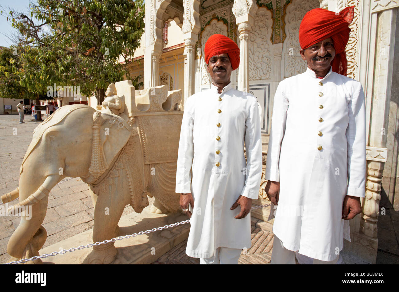 Traditional Indian Guards Outside The Pink Palace Jaipur Rajasthan India Stock Photo