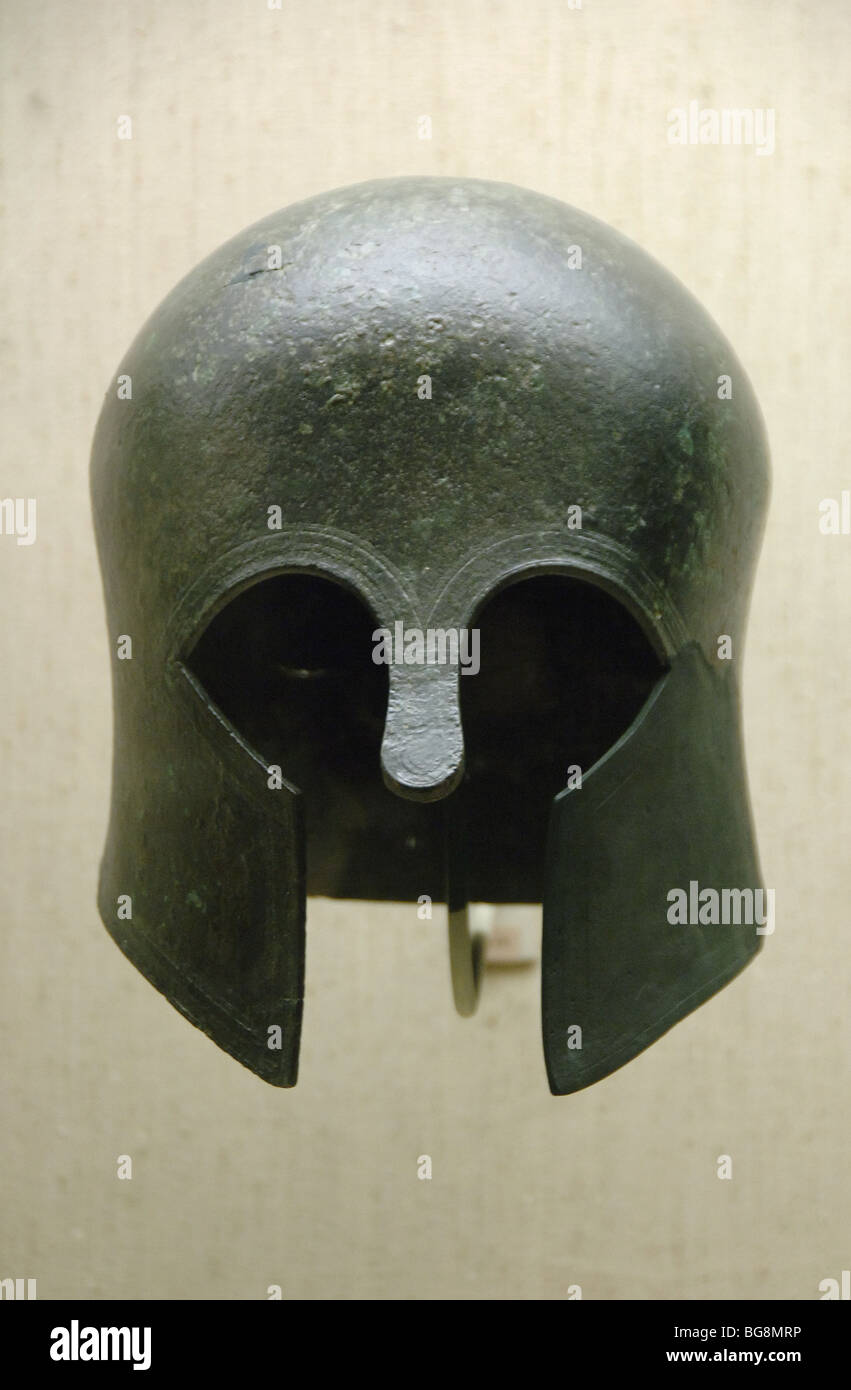 Archaic bronze helmet of Corinthian type. Stock Photo