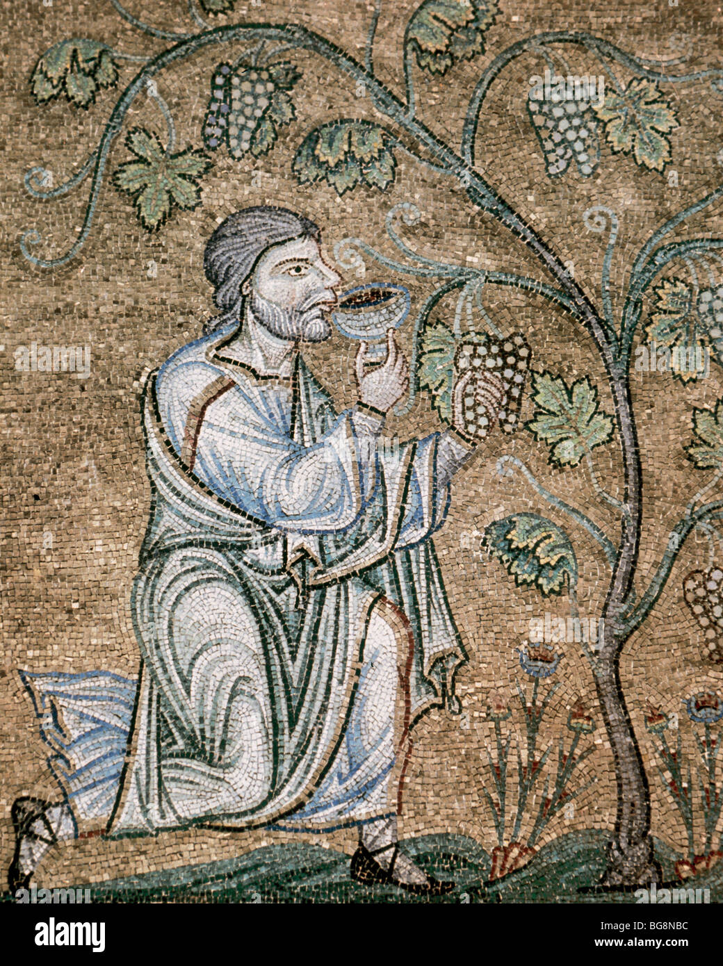 Noah drinking wine. Mosaic in the Baptistery of St. Mark's Basilica, dating between XII-XIV centuries. Venice. Italy. Stock Photo