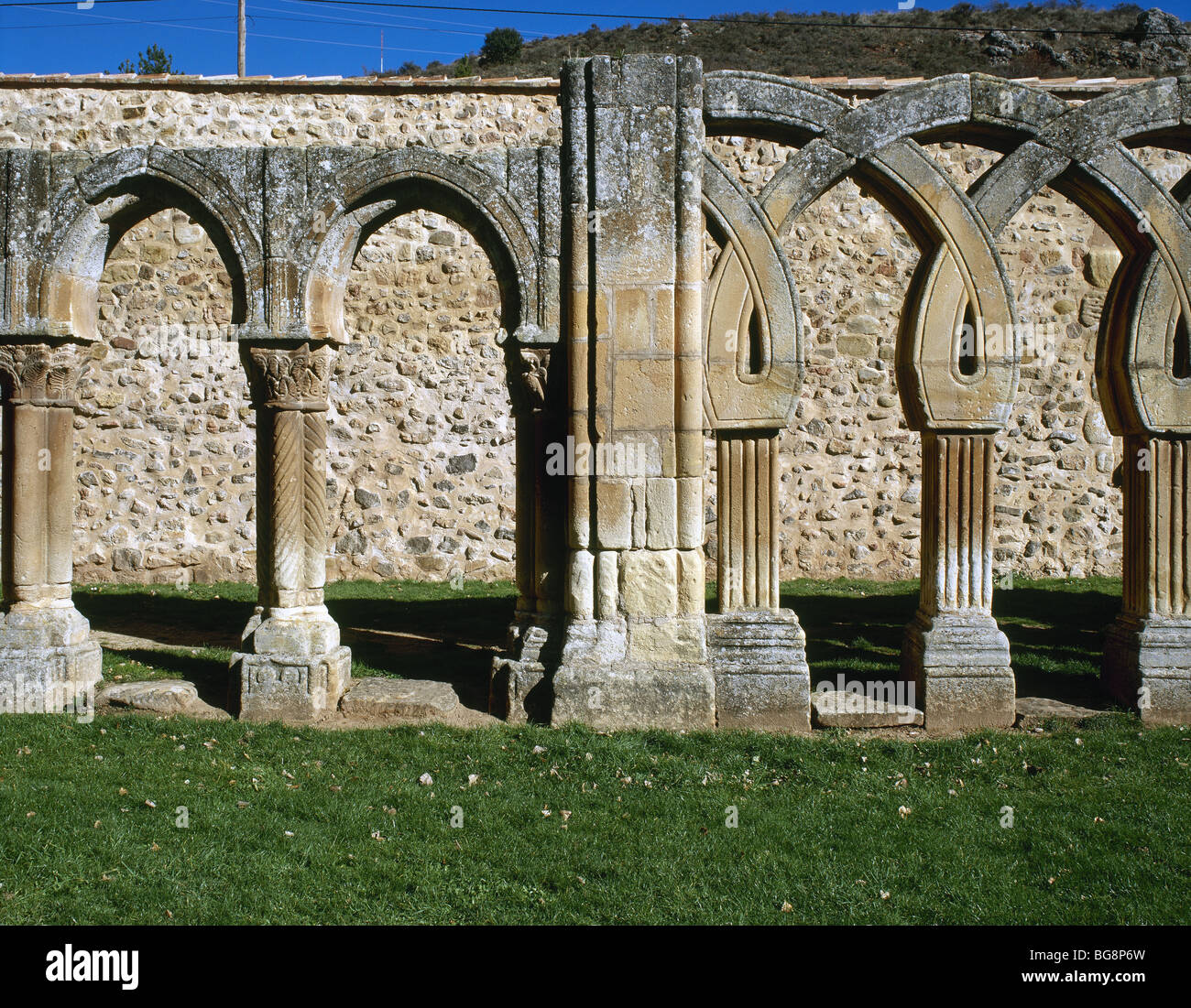 San Juan de Duero. Intertwined arches of the cloister. XIII century. Stock Photo