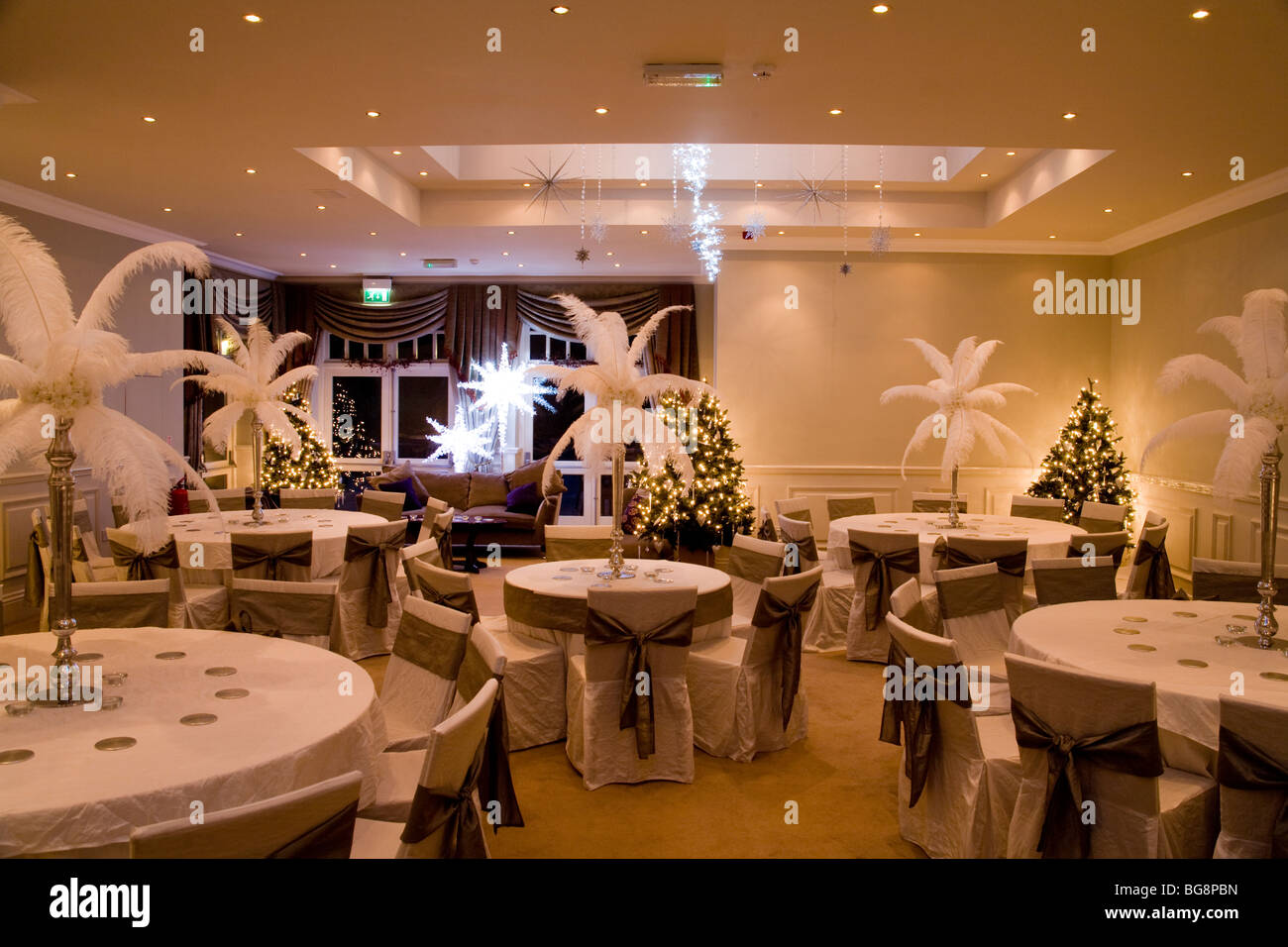 Interior of a room prepared for a wedding reception. Stock Photo