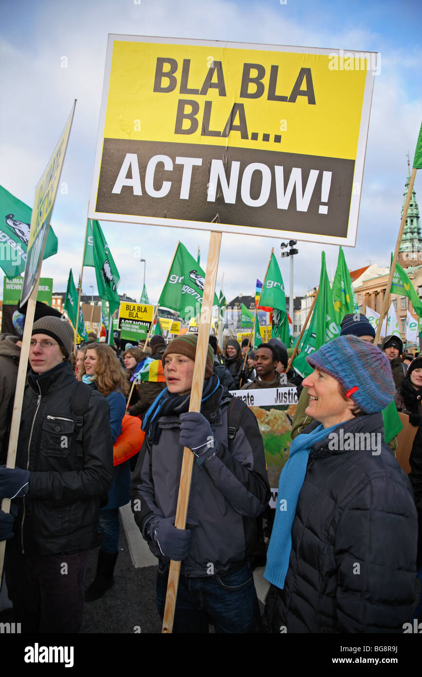 Demonstrators at demonstration in front of the Parliament building in Copenhagen at UN Climate Change Conference COP 15 summit in 2009. Climate march. Stock Photo