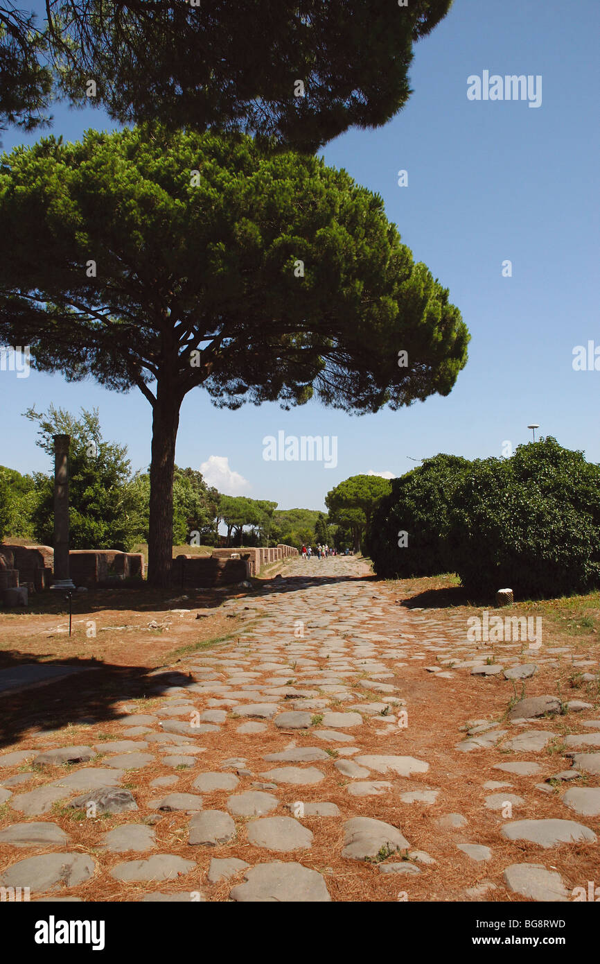 Ostia Antica. Harbour city of ancient Rome. The 'Decumanus Maximus' . Detail of the paving on a roman road. Italy. Europe. Stock Photo