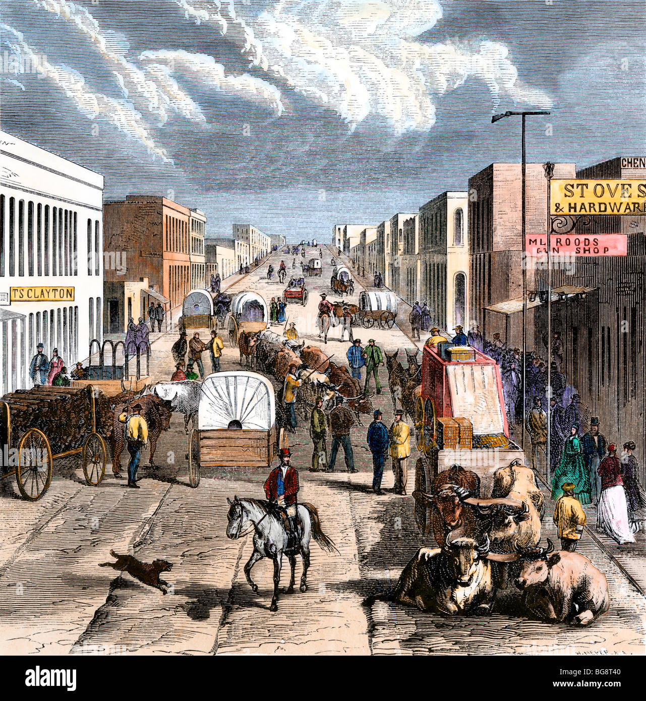 Busy downtown Denver, Colorado, late 1870s. Hand-colored woodcut Stock Photo