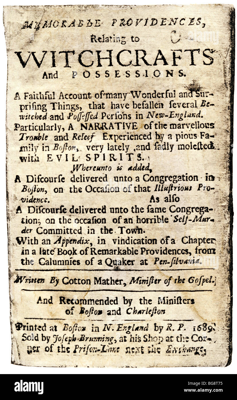 Cotton Mather, 'Memorable Providences Relating to Witchcrafts,' title page, 1689. Halftone with a watercolor wash Stock Photo