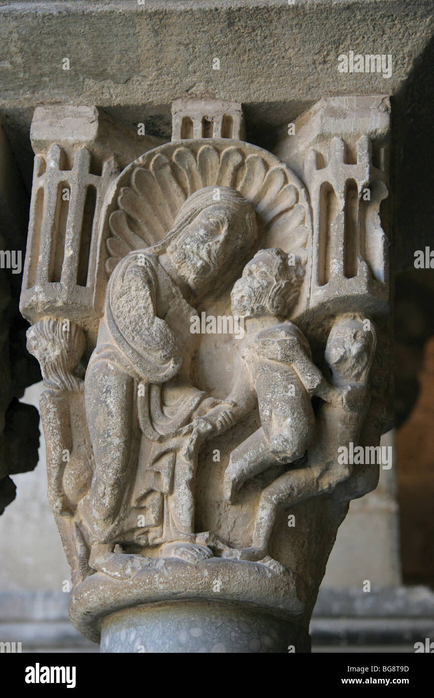 The Royal Benedictine Monastery of Sant Cugat. Capital depicting God with Eve and Adam. Sant Cugat del Vallès. Catalonia. Spain Stock Photo