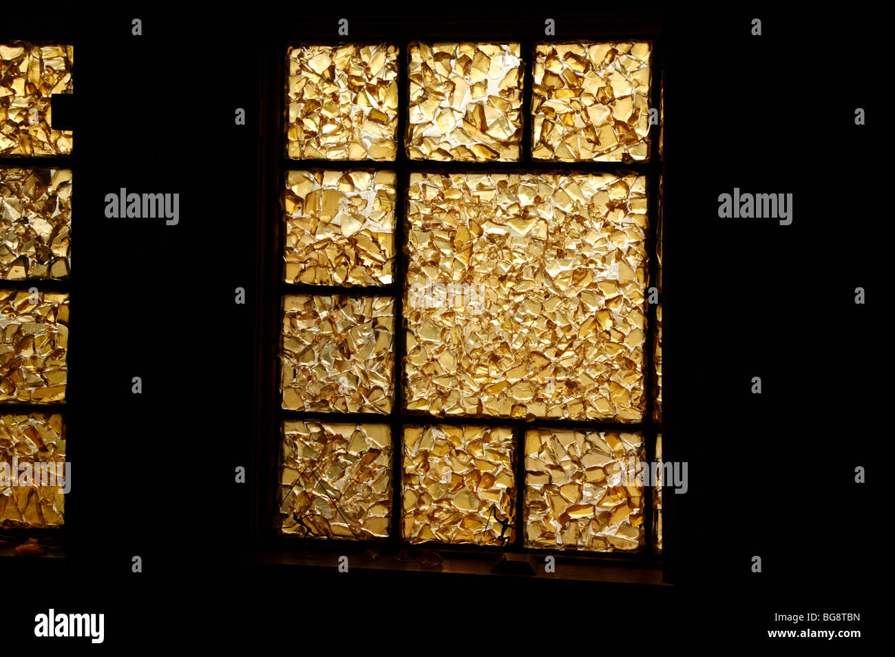 IMage of a a beautiful art glass window in the Edelweiss Chalet, made by Walter Schefer,  for Julius Boehm. Stock Photo