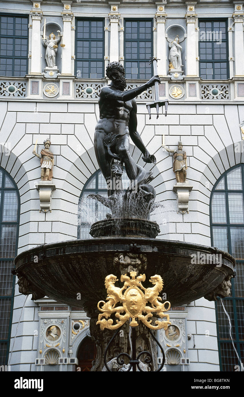 POLAND. Gdansk. Partial view of the Neptune Fountain (1618), the symbol of the city. Located in the historic center. Stock Photo