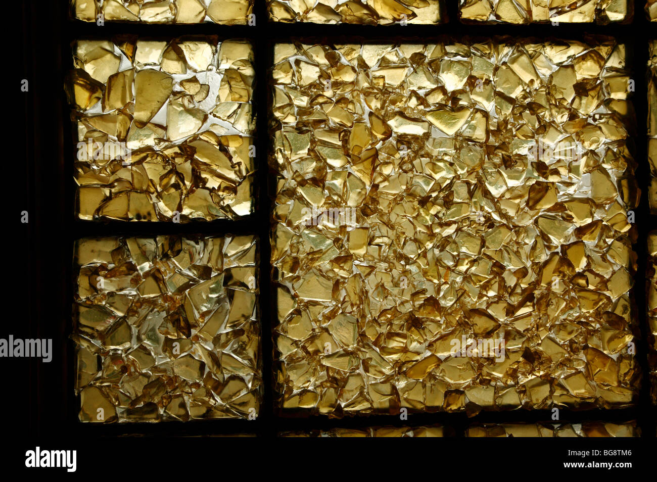 Close-up of a beautiful art glass window in the Edelweiss Chalet, made by Walter Schefer,  for Julius Boehm. Stock Photo