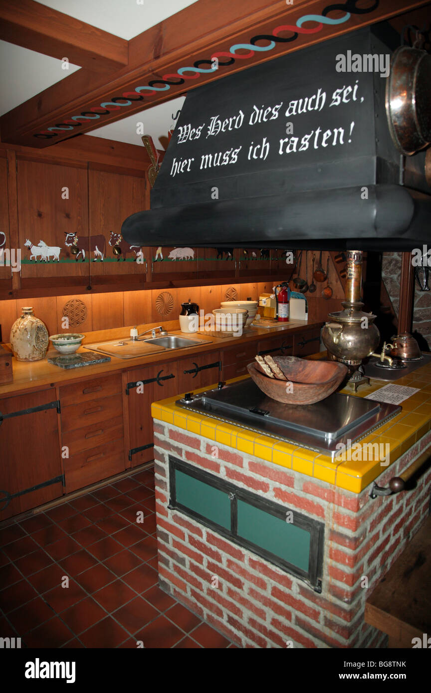 Internal detail of the kitchen in the Edelweiss Chalet made by  Walter Schefer for Julius Boehm. Stock Photo