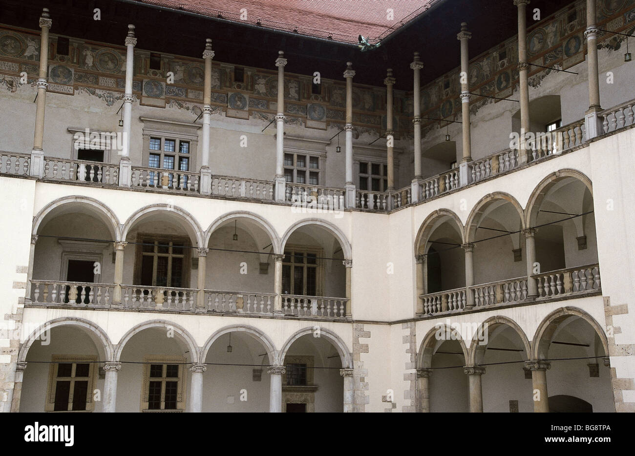 POLAND. Wawel castle. Details of the inner court erected by F. DELLA LORA in 1516 in Italian Renaissance style. Cracow. Stock Photo