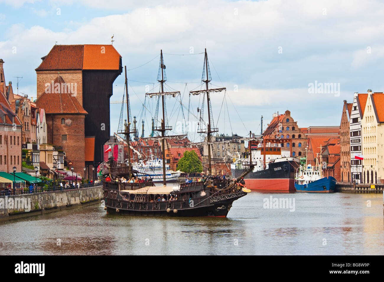 Danzig Ship Historic tourist ship at marina in front of crane gate and maritime ...