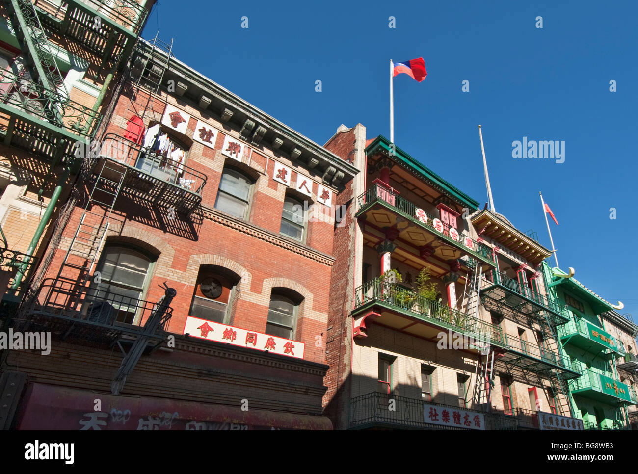 California San Francisco Chinatown historic buildings Republic of China flags Stock Photo