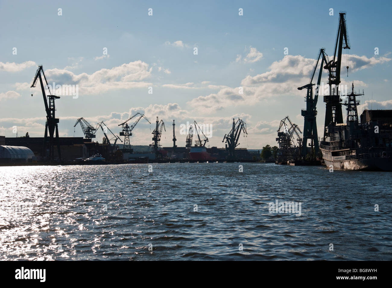 Shipyards with cranes, Gdansk, Poland | Werften Danzig, Polen Stock Photo