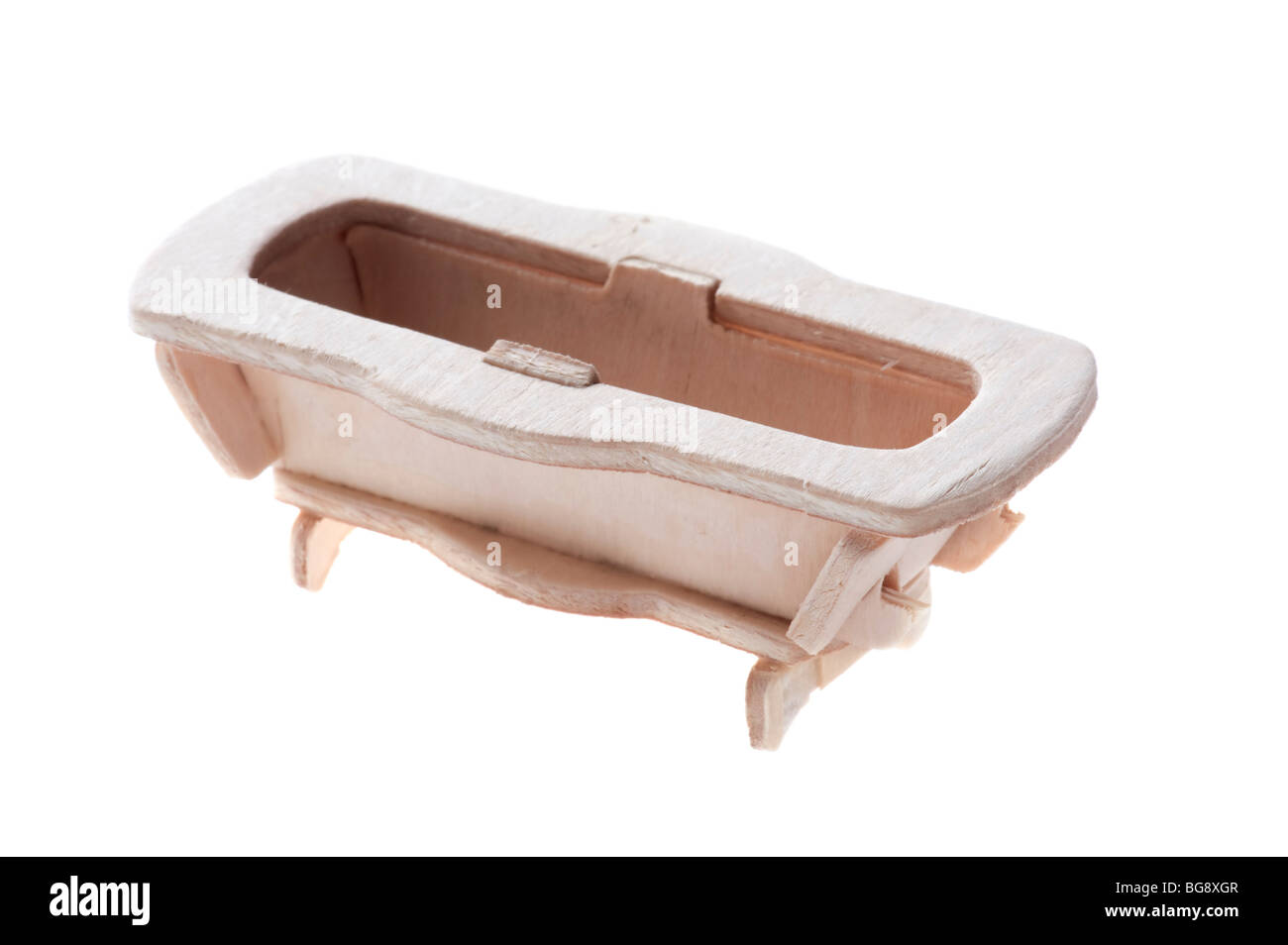 object on white Miniature wood bath toy macro Stock Photo