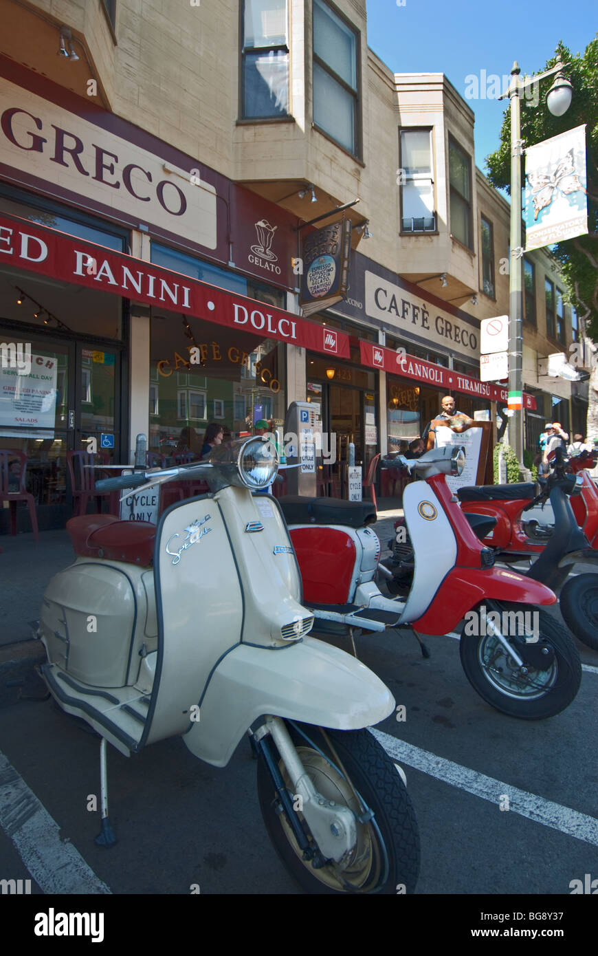 California San Francisco North Beach neighborhood Caffe Greco restaurant motor scooter Stock Photo