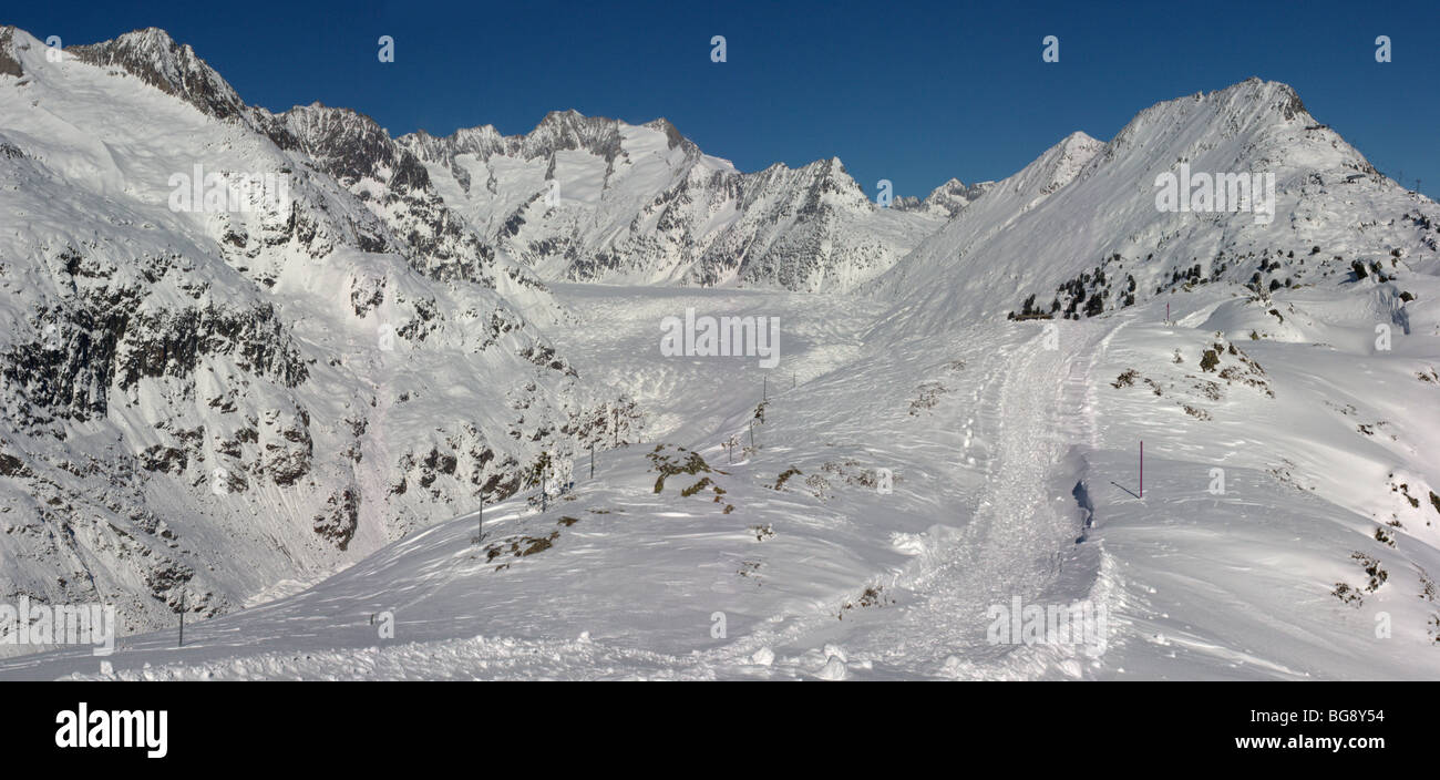 panoramic view of Aletsch glacier from Hohfluh, Bettmeralp,Wallis/Valais Switzerland Stock Photo