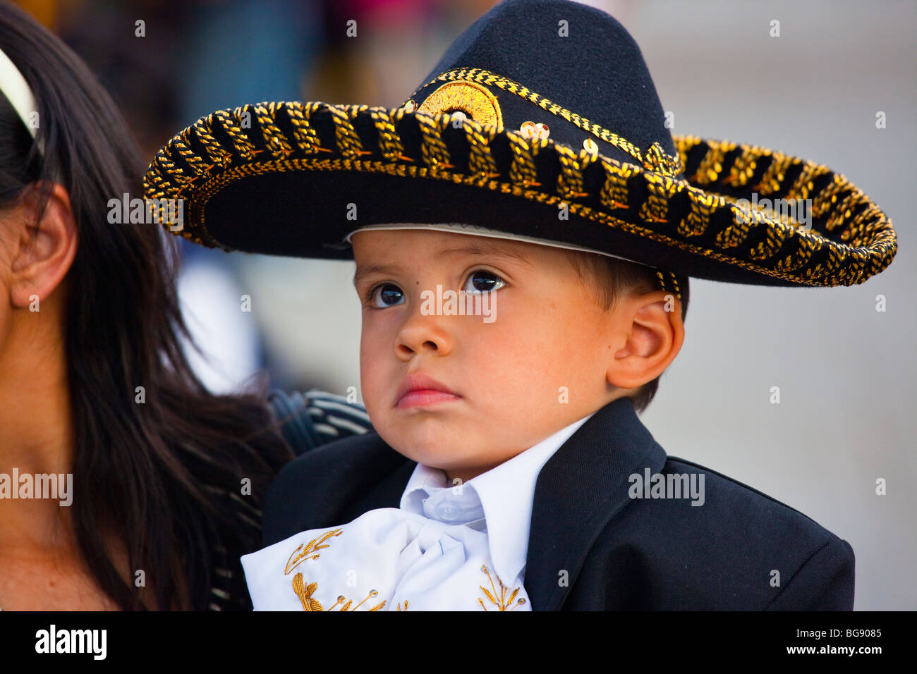 Boy dressed in a Mariachi costume at the Festival of Saint Cecilia in Plaza Garibaldi Mexico City Stock Photo