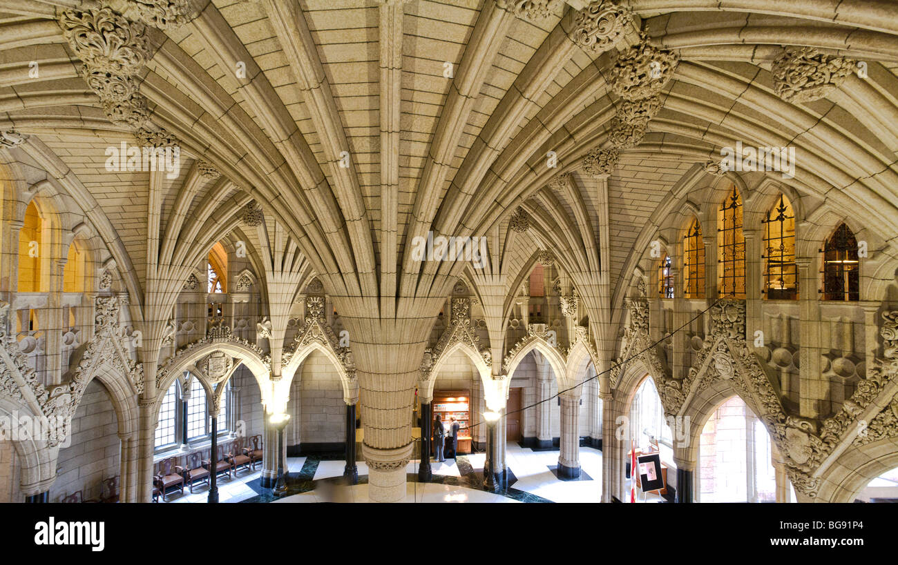 Parliamentary foyer panorama. A panorama of the foyer ceiling highlights the intricate stone work of Canada's Parliament Stock Photo
