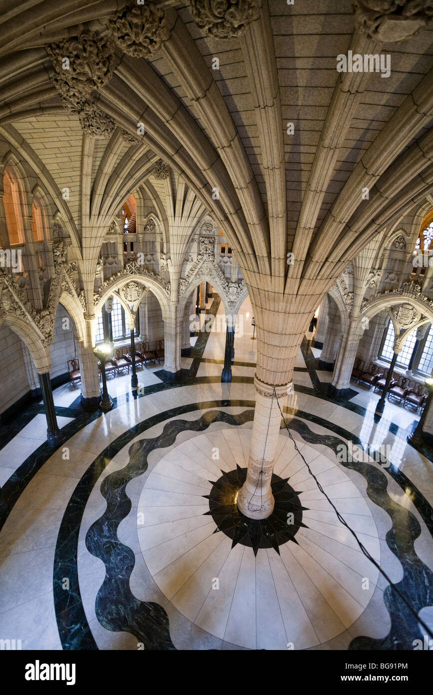 Parliamentary Columns, marble floor. Intricate stone work characterizes the neogothic architecture of Canada's Parliament Stock Photo