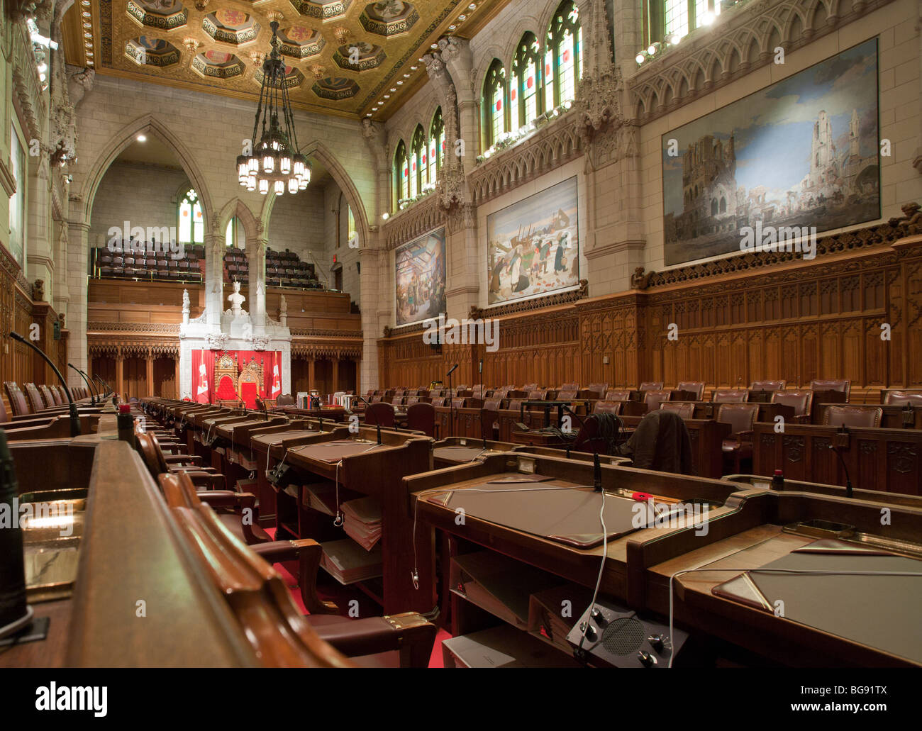 View from the Government back benches of the Senate Chamber.. Senate Chamber in the Parliament of Canada. Stock Photo