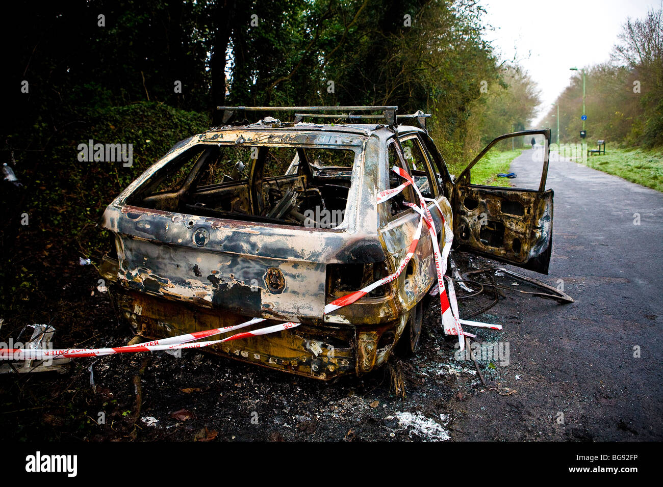 Burned out Vauxhall Astra. Stolen Car burnt out by joyriders Stock Photo