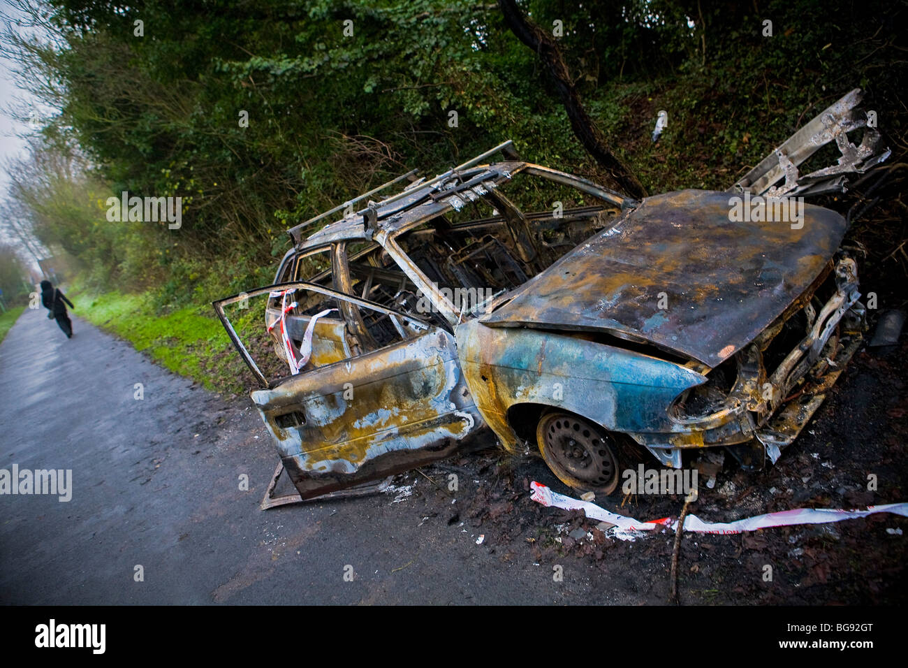 Burned out Vauxhall Astra. Stolen Car burnt out by joyriders Stock Photo